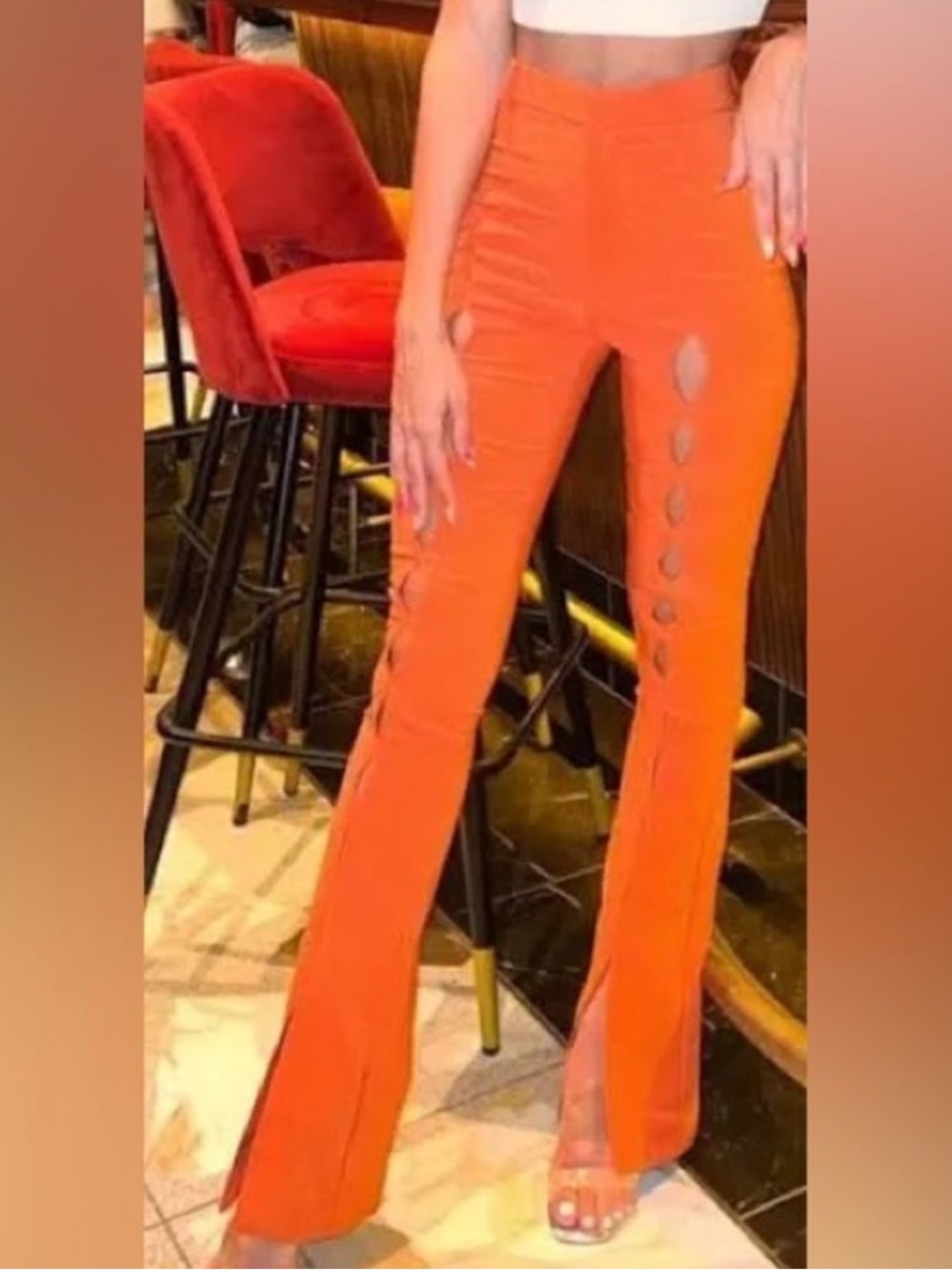 NWT Zara Orange High-Waist Flare Pants with Front Cutouts